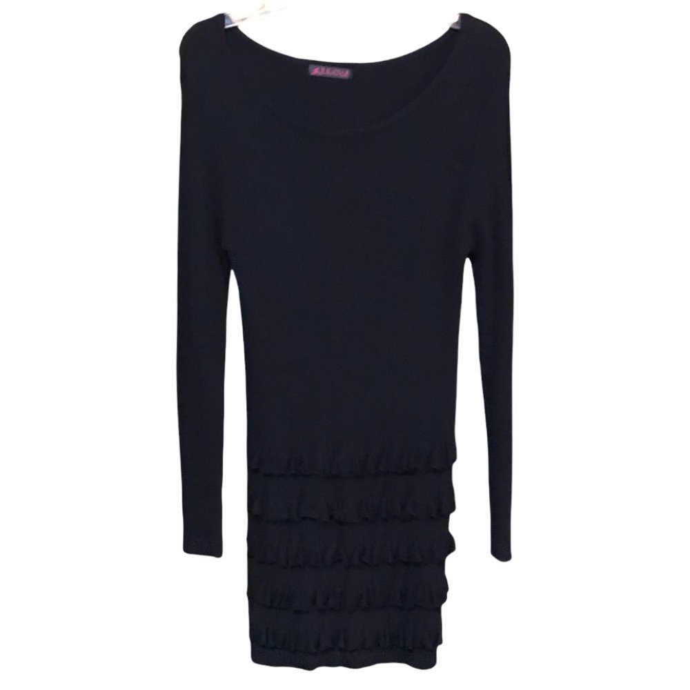 Julia Women's Casual Long Sleeve Dress, Ruffle Accents, Knee Length, Black, M
